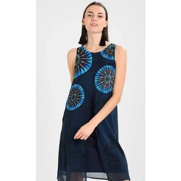 Desigual 38/6 US/Small Chiffon Layered Shift Dress Blue Silky Slit Sleeveless - Picture 1 of 8